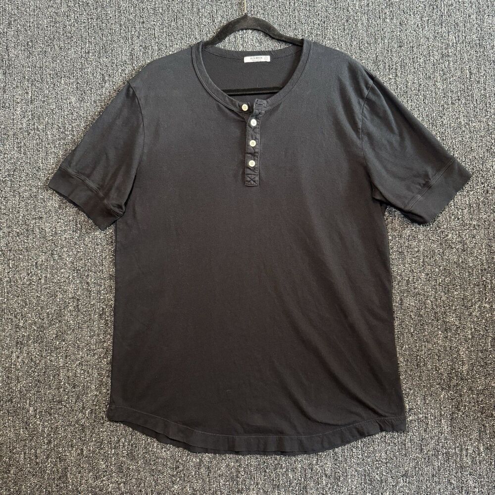 Buck Mason Pima Curved Hem Henley Shirt Black Short Sleeve Men’s Size Large